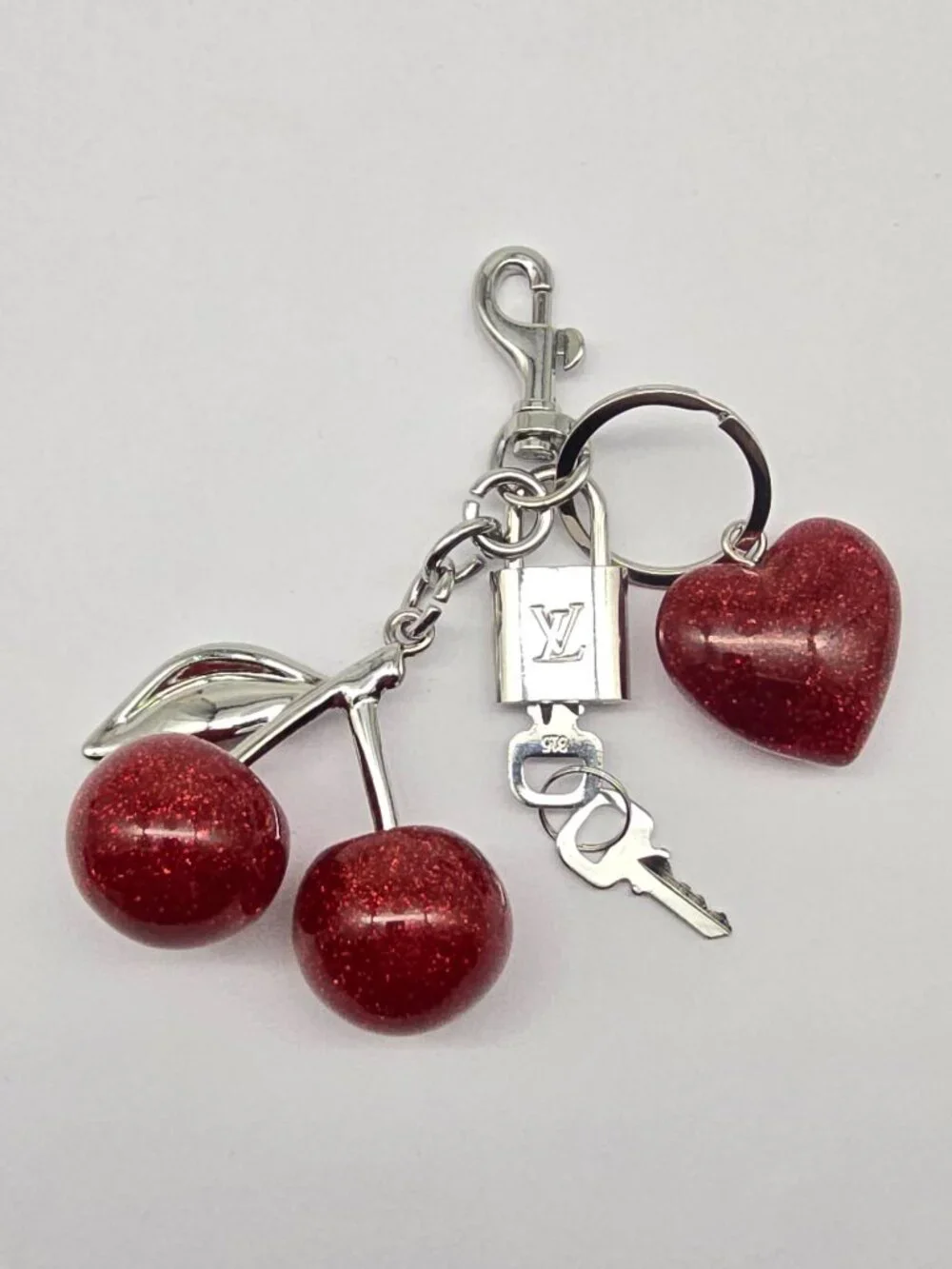 Authentic Louis Vuitton Silver Padlock with Unbranded Red Cherry Charm